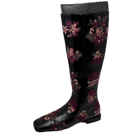 Tory Burch square toe 20MM Knee boot embroidered black leather 7.5 - Picture 1 of 12